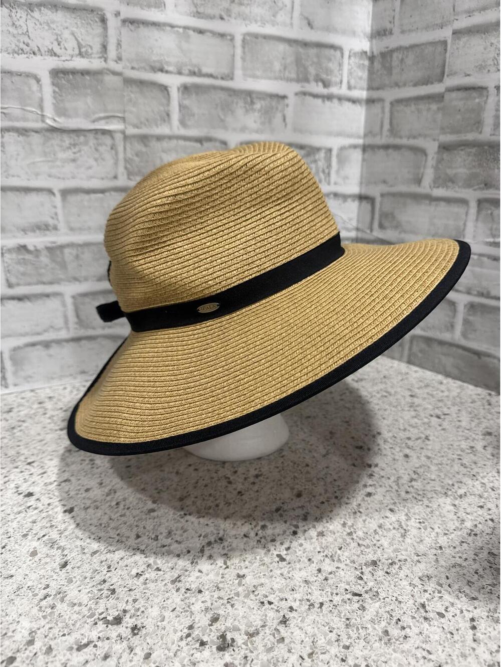 Scala Wide Brim Straw Sun Hat with Black Ribbon Trim